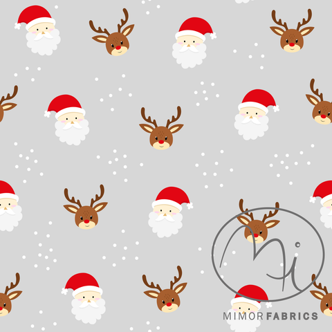 Weihnachtsstoff French Terry Santa Klaus Reh Schneeflocken Rot Weiß Karamell Grauen Hintergrund - Mimor Fabrics